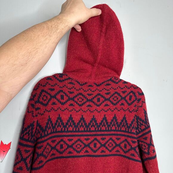 Vintage Y2K LL Bean Red & Navy Blue Wool Hooded Zip Up Sweater Size Medium - Picture 4 of 7